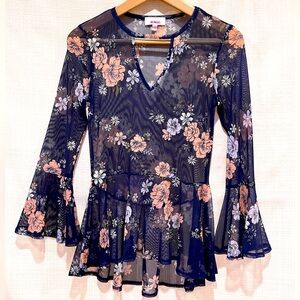 Vintage y2k Bongo Floral Mesh Sheer Top Fairycore Bell Sleeve Flare Whimsigoth
